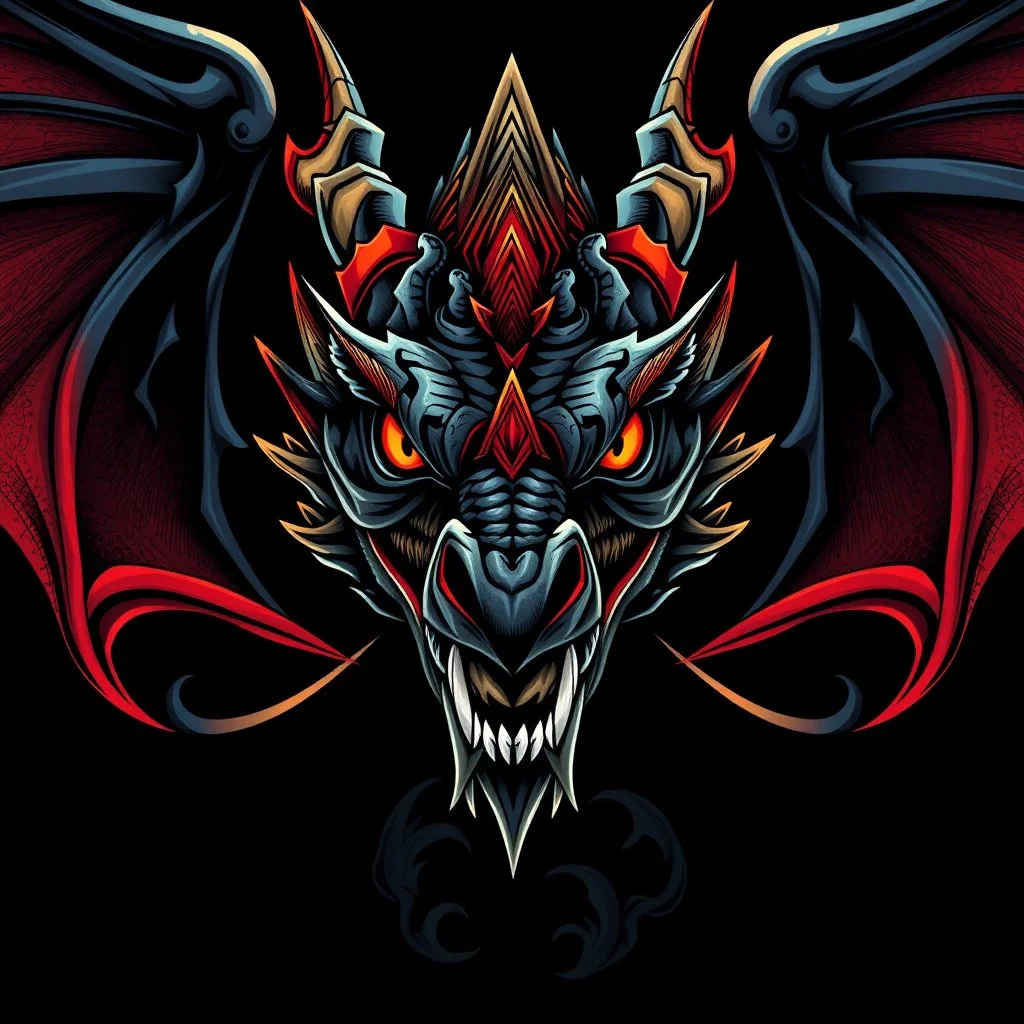 centered looking the camera crepy stunning dragon head on black background,, dark fantasy, , centered, 2d logo art,, detalied, professional, alcohol ink, strong thick line art, vector graphics, dark mood, realistic, deep colors, cinematic