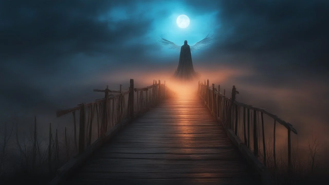 walking straight ahead over a wooden bridge, holding the angel of death with your right hand, entering the fog at the end of the road that leads to the afterlife, and a beautiful sunset and galaxy's behind the fog, realistic