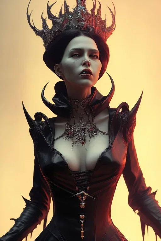 Heike Fetish Queen as evil queen in black leather, leather, busty, cleavage, angry, stern look. character design by cory loftis, fenghua zhong, ryohei hase, ismail inceoglu and ruan jia. unreal engine 5, artistic lighting, highly detailed, photorealistic, fantasy