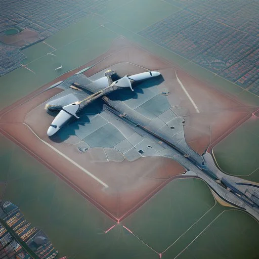 Vista aérea simétrica de un aeropuerto en forma de mariposa, espectacular, impactante, calidad ultra, maximalista, 8k 3D