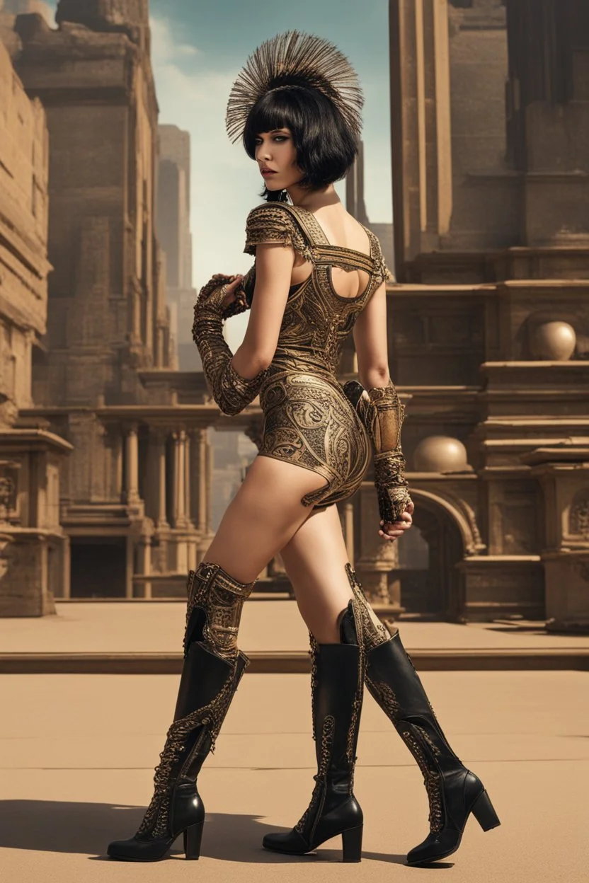 full-body-art of a woman with a bob with a fringe hairstyle, Cleopatra clothing, black knee-high boots, steampunk city background