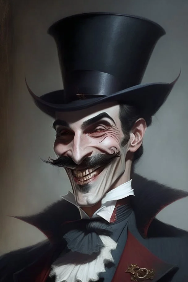 Strahd von Zarovich with a handlebar mustache wearing a top hat looking very happy