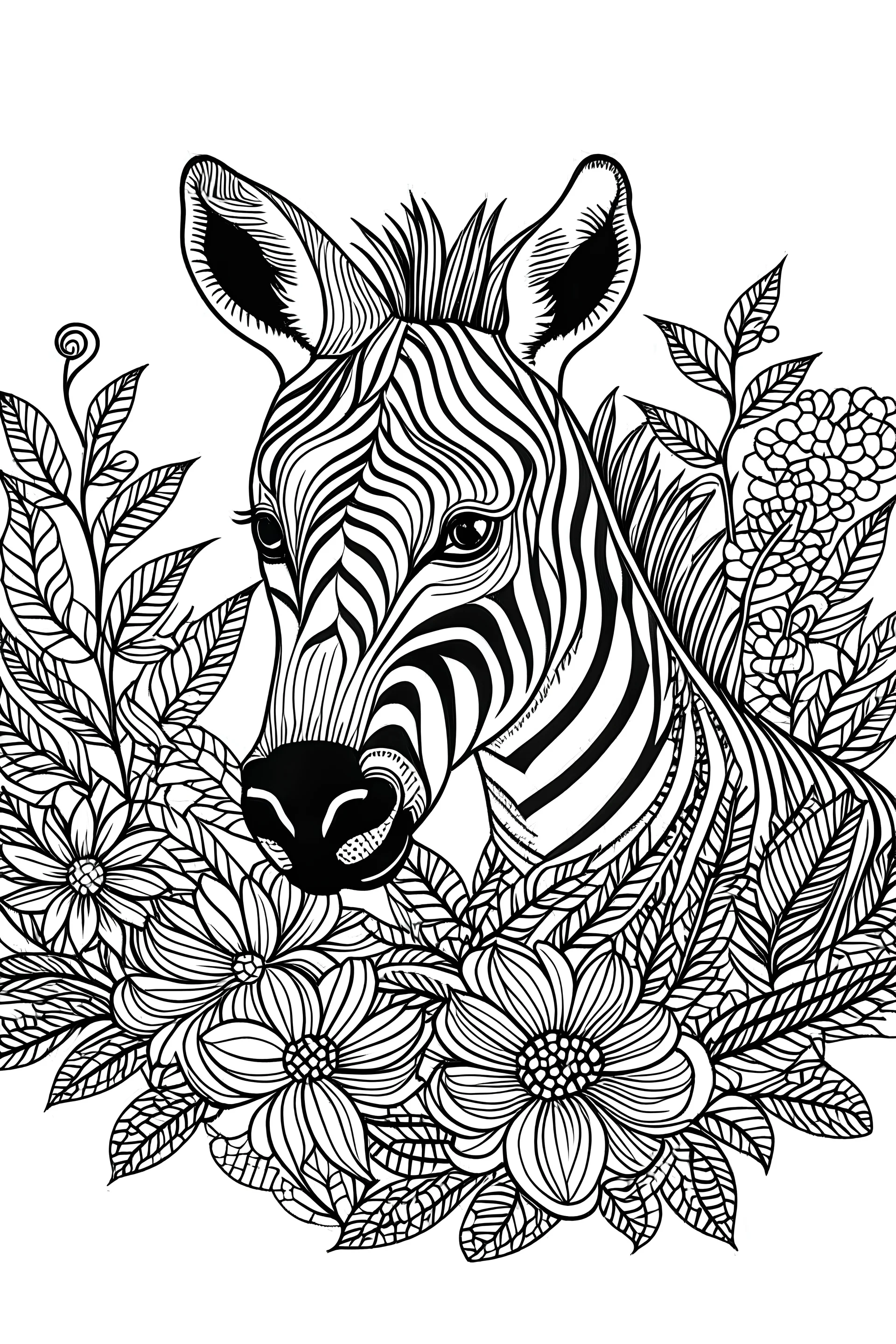 portrait of cute zebra and background fill with flowers on white paper with black outline only