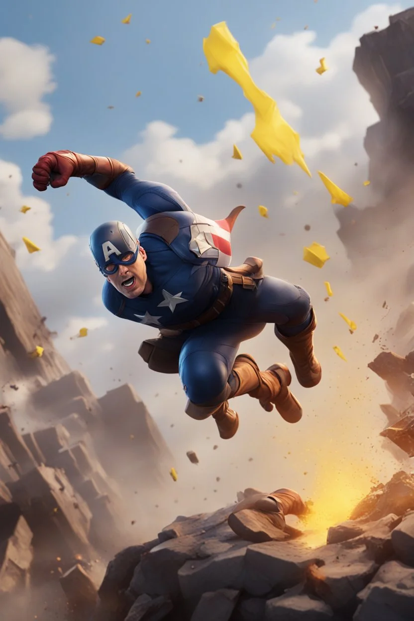 Create a picture of captain america falling from the skye to a pit next to reverse Flash animated like fortnite