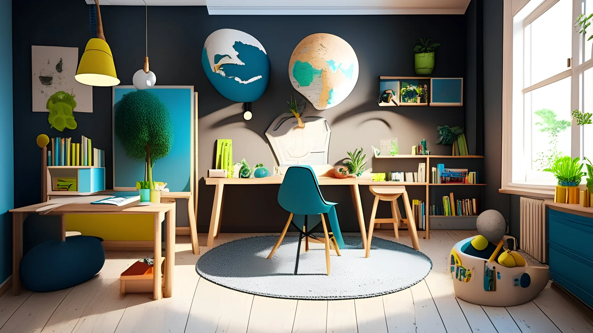 Children's study room at home. Modern spacious interior with desk, chair, bookshelves, chalkboard, lamps, Earth globe, plants, boxes, toys, rug, and laminate flooring. Unisex design for boy or ... See More By Studio