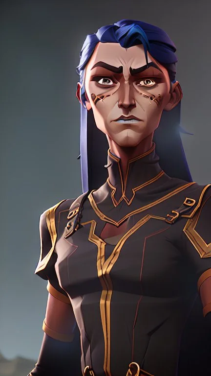 A tall human woman with tanned skin. Her face, marked by the years, always has a smirk on it, showing her superiority in the eyes of the others. She is dressed in grey armor and wears a cape.