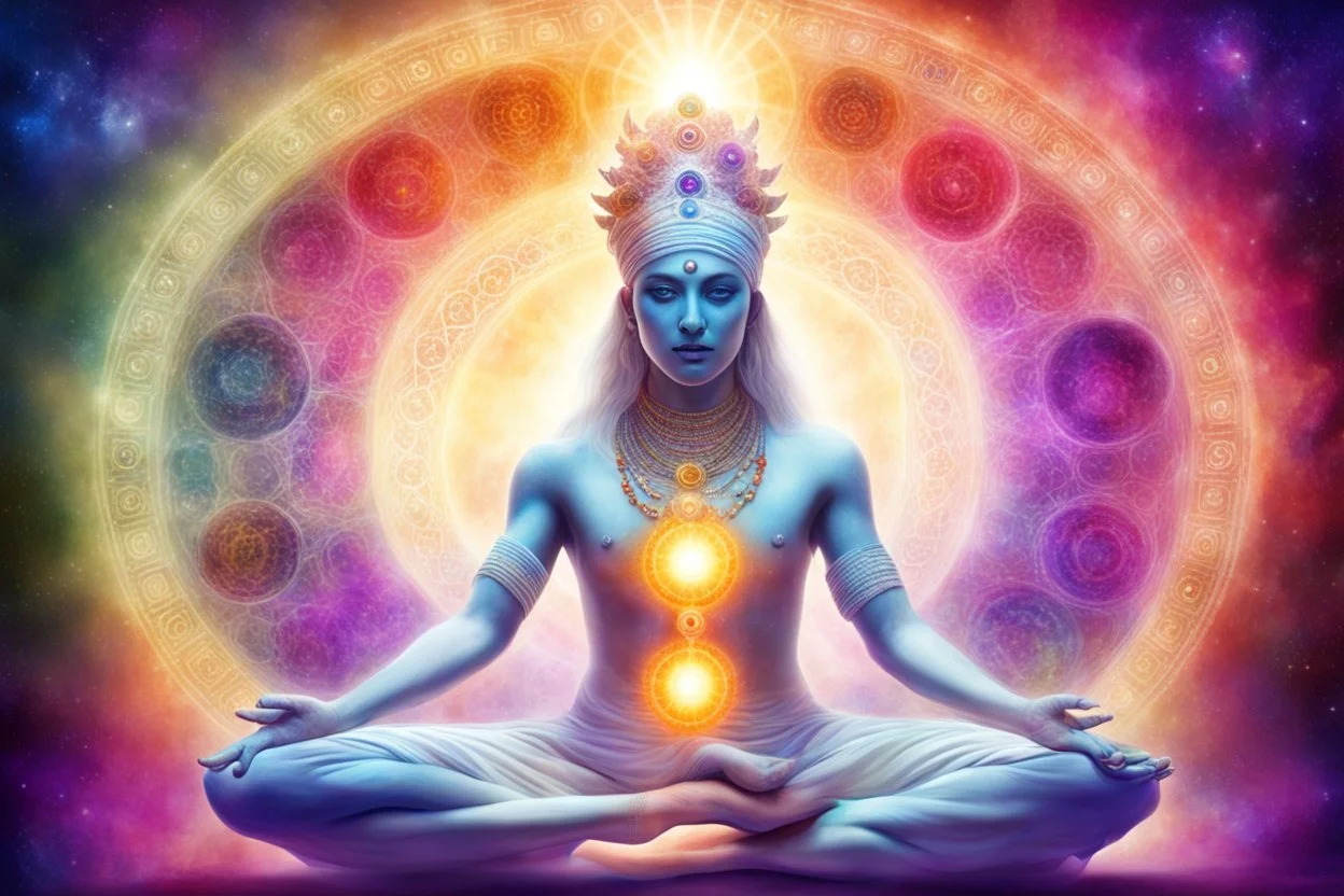 in light meant, kundalini, awaken, light, universe, all chakras in all colours, creatures around,