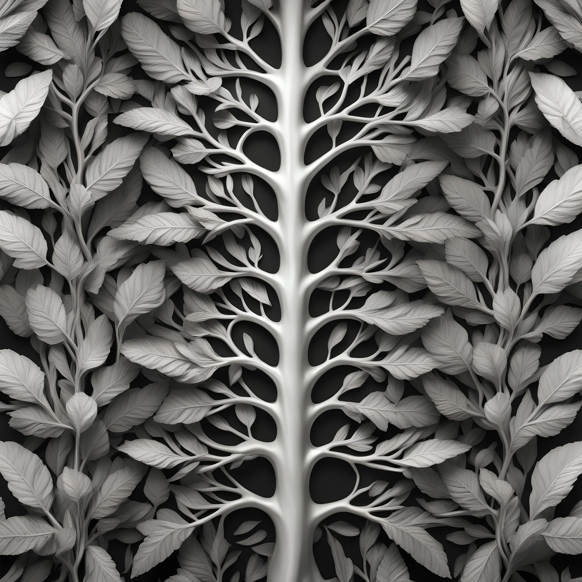 symmetric organic tree leaves form white silver metalic biologic art realisticv2 surrealism 4k resolution octane render flat lighting black background