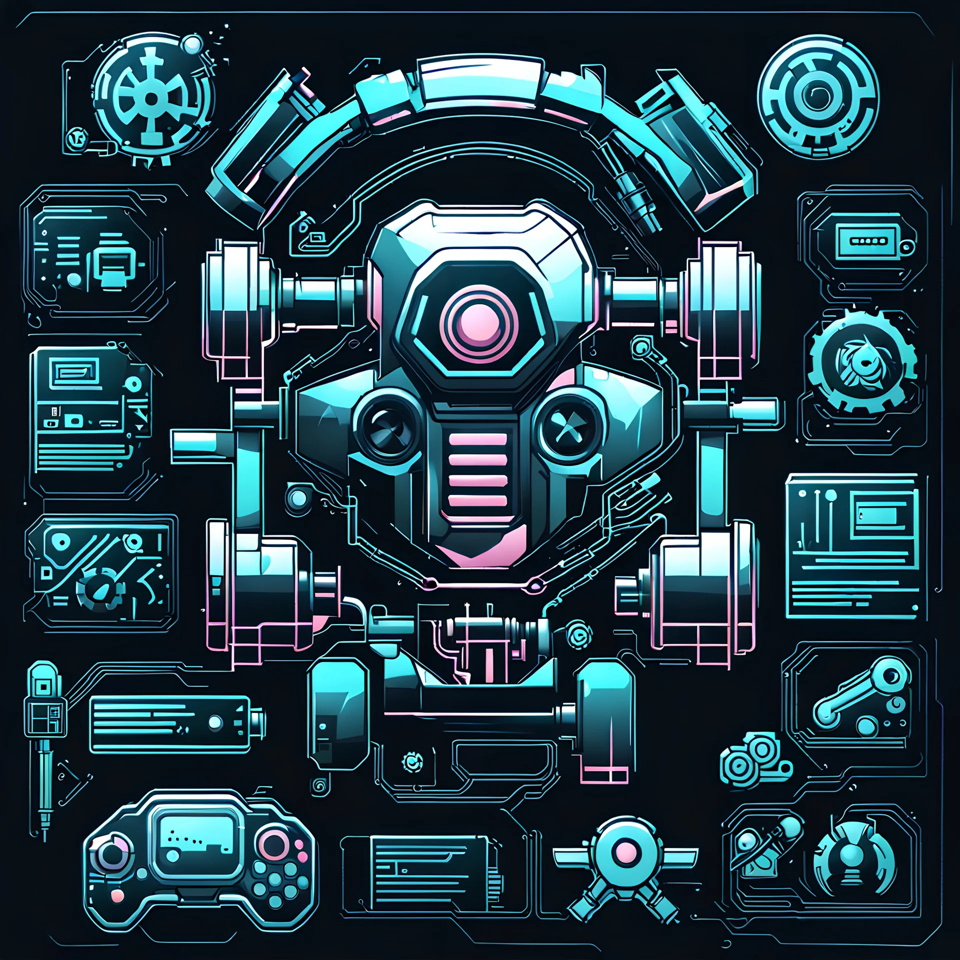 mechanical parts, video game icon, cyberpunk style, black background