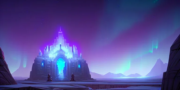 Huge stone temple inside a high Mountaintop cliffside, aurora borealis, fantasy, snow storm