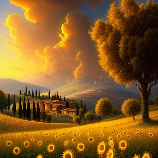 Beautiful clouds,Golden hour,Tuscany hills, campi di girasoli, cipressi, Italian town,landscape magical, detailed, 8k resolution concept art by Greg Rutkowski,dynamic lighting, hyperdetailed, intricately, volumetric lighting, Alphonse Mucha