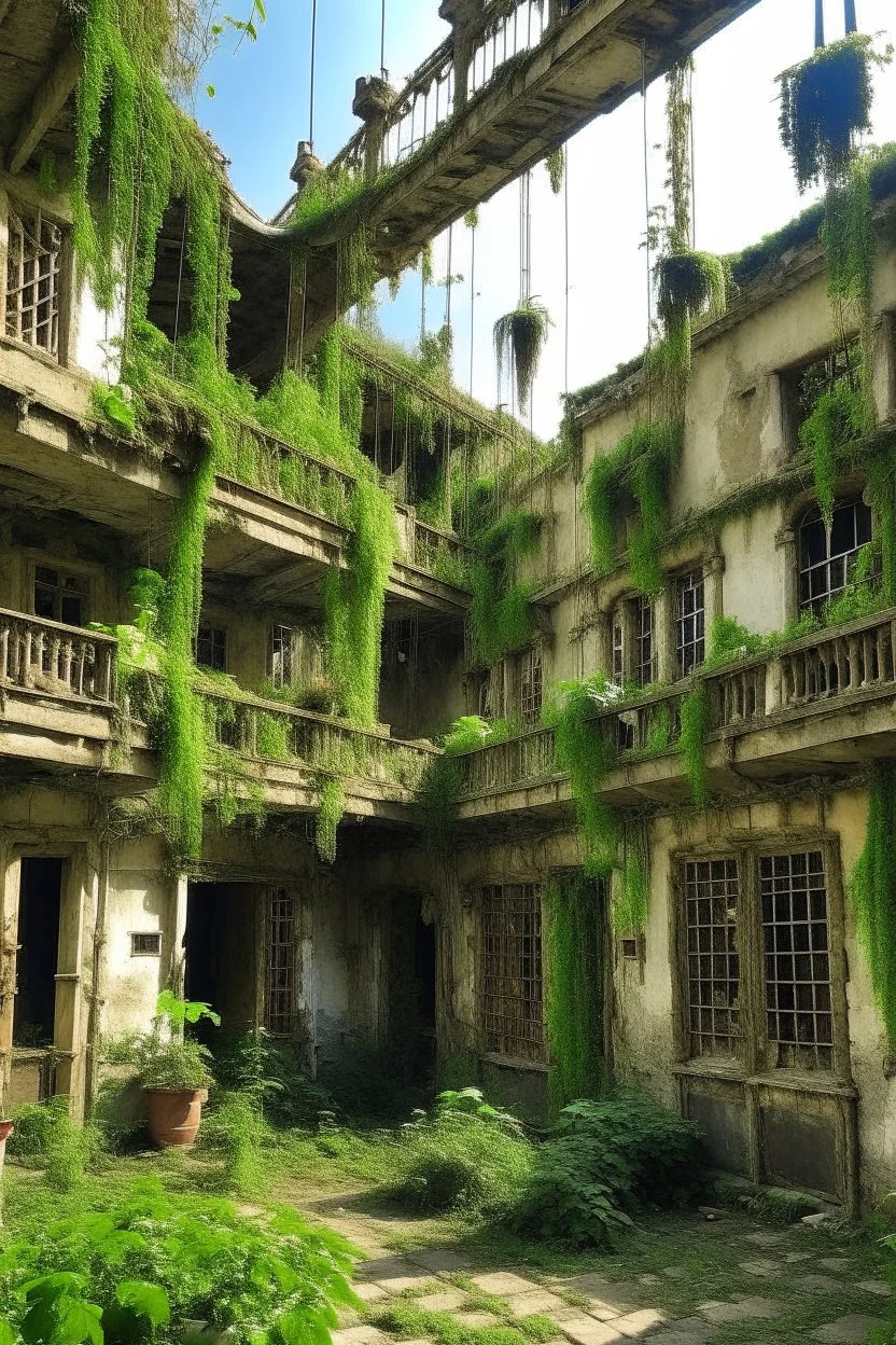 skeletal derelict buildings with hanging plants and vines, with mushrooms on the walls