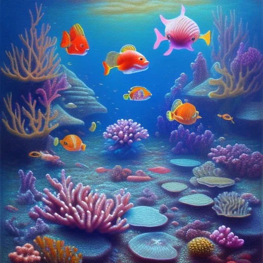 serene underwater scene, coral, fish, rocks, oil painting, by renoirm, pastel colors