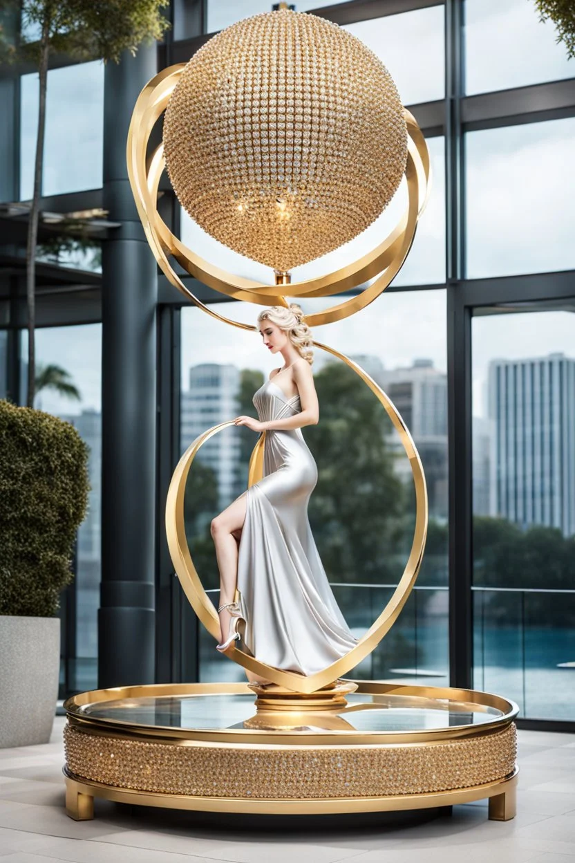 A magnificent golden and silver heart-shaped sign adorned with a stunning golden sphere encrusted with sparkling diamond clusters at its center, elegantly spinning in position,a girl statue standing pose