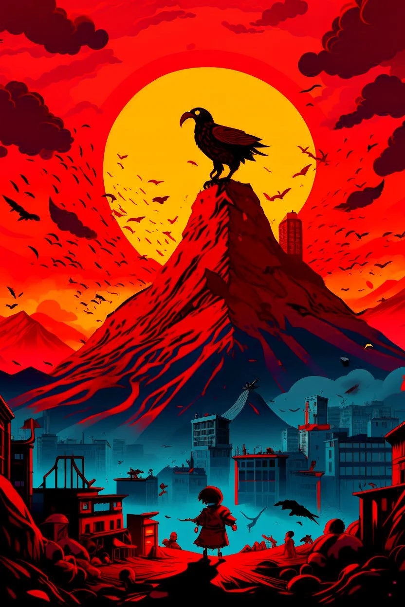 A volcano exploding over a big City, a shadowy red transparent figure appears in the sky with big bird, many dead bodies of children