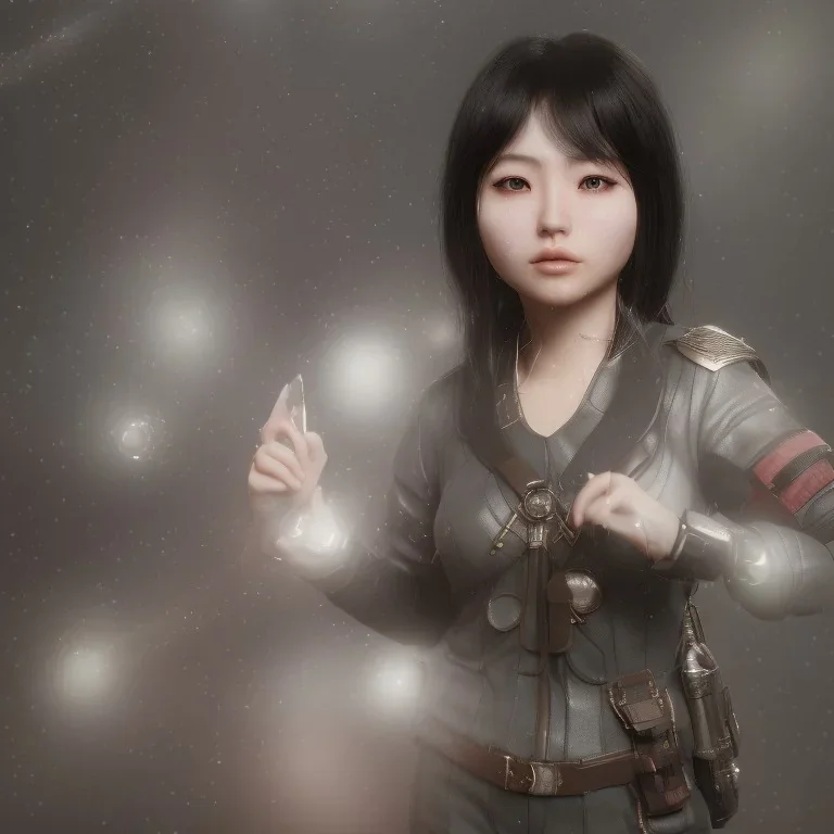 uma mulher japonesa maravilhosa, little fat, rosto muito detalhado, vestindo roupa valquiria, efeito de névoa, efeito de particulas