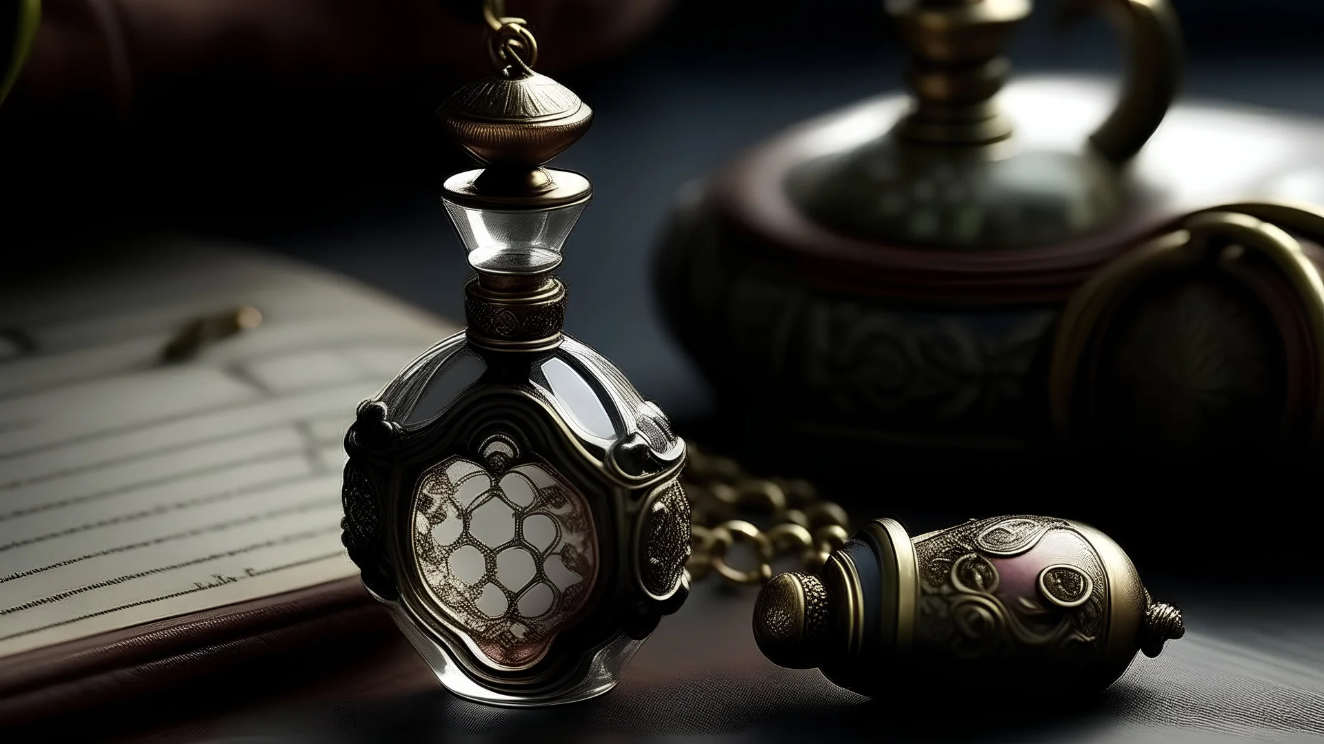 generate me an aesthetic complete image of Perfume Bottle with Vintage Locket