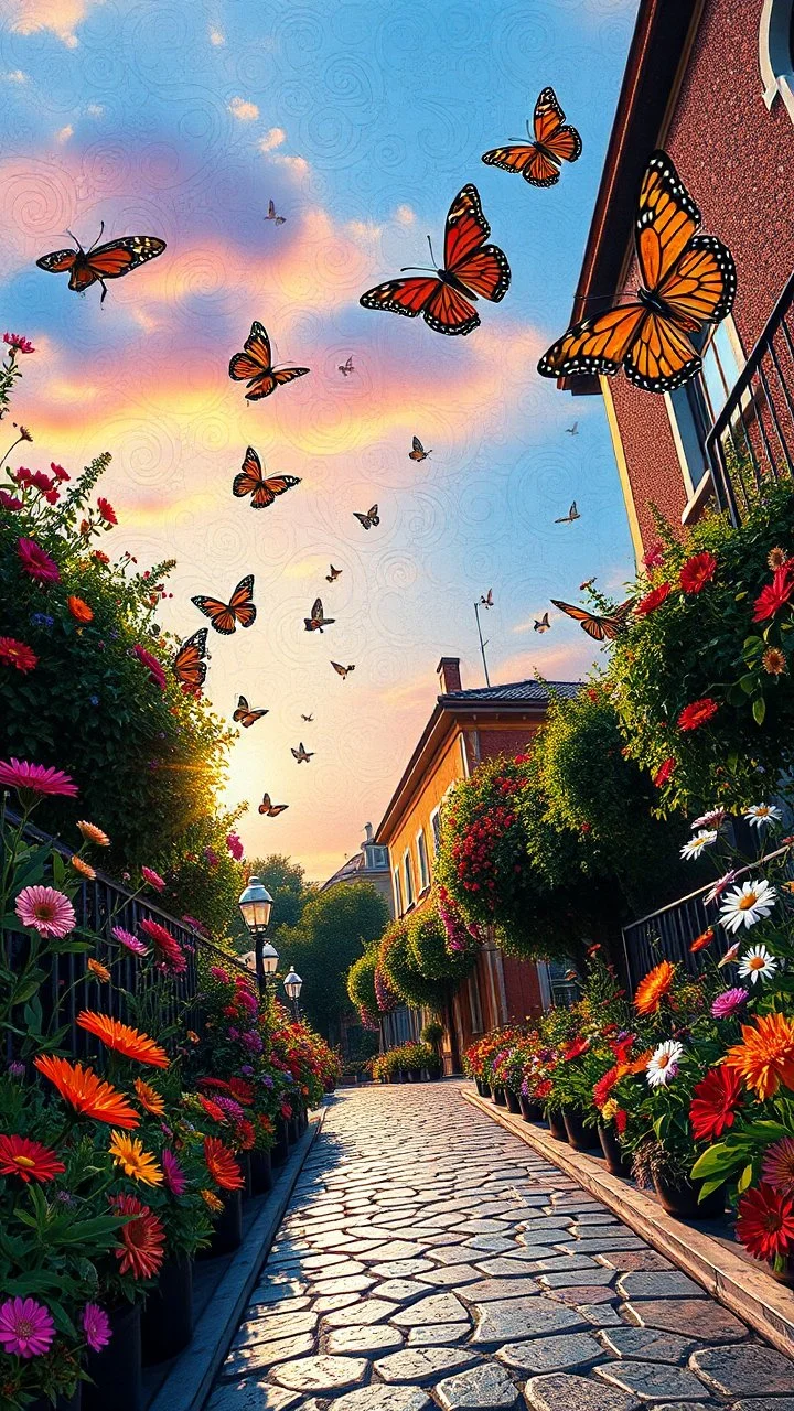 "Midnight Serenade unique" low view angle shot down sunset large close up a beautiful street with colorful wild flowers and butterflies on both sides , granite terrazzo motifs with puzzle modern , clothing is decorated with colorful filigree abstract, Collage chutes papiers magazines,Spirograph background by Nisa Kiley, Textile Artist،