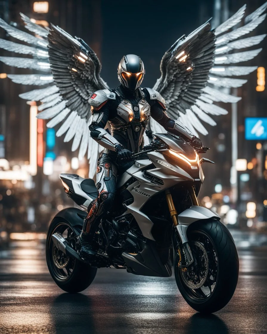 Facing front view A full length Beautiful humanoid Angel ,straddle wings ,mixed with a body cyborg,driving motorsport Ducati futuristic on street futuristic cyberpunk city night, 8k ultra detail photography