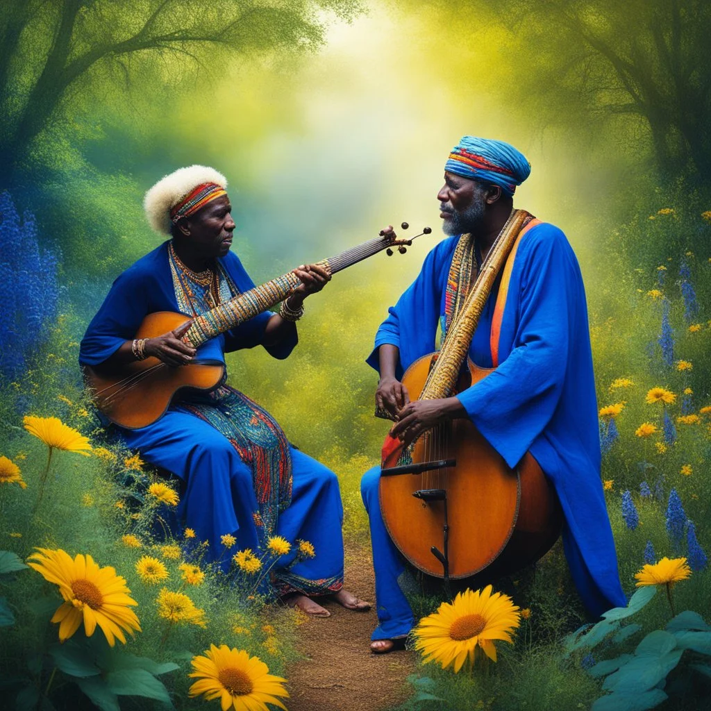 Lost amidst the primeval field of flowers in a myriad of blues, the two African tribal musicians, old and wise, found themselves enveloped by the lush foliage and fragrant herbs of their natural surroundings. With the haunting melody of their didgeridoo resonating through the air, the field sprang to life with a riot of colors, as if the musicians themselves were an integral part of the vibrant tapestry of nature's beauty. Each petal swayed in unison with the music, creating a symphony that inte