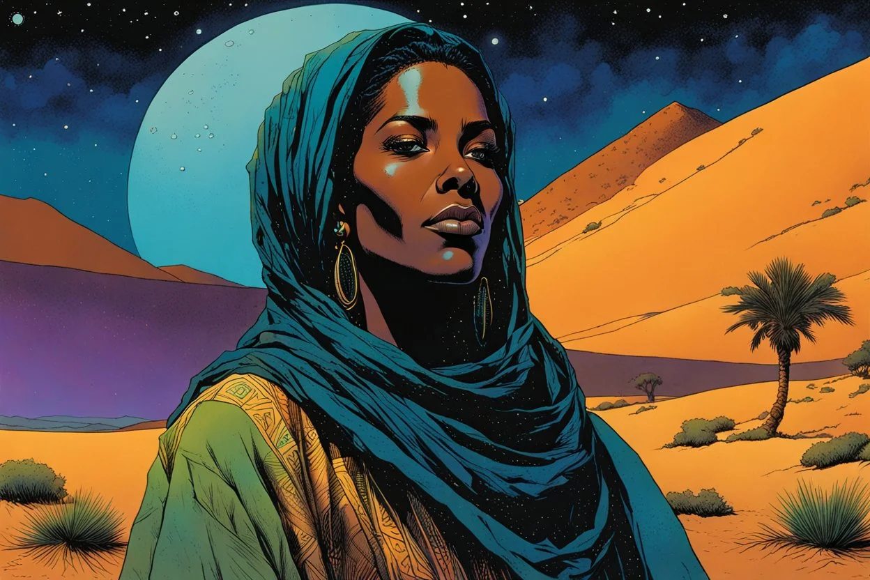 create an imaginative illustration of a Tuareg female, in traditional dress, with finely detailed facial features, short dreadlock hair, in a lush Saharan oasis under the midnight sky, in the comic book art style of Bill Sienkiewicz, Mike Mignola, and Jean Giraud Moebius, finely textured, drawn, colored, and inked