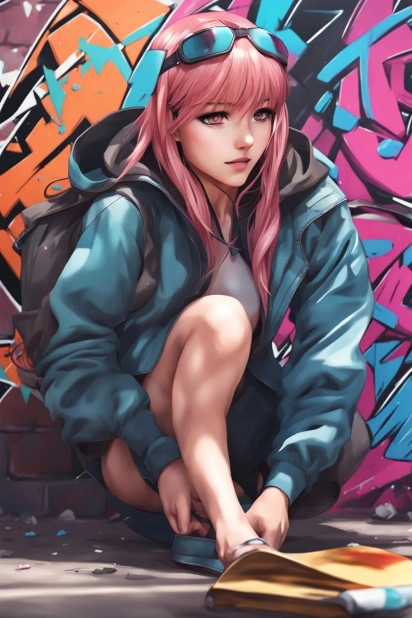 8k quality realistic image of a beautiful anime girl, graffiti artist in action, up close, 3d