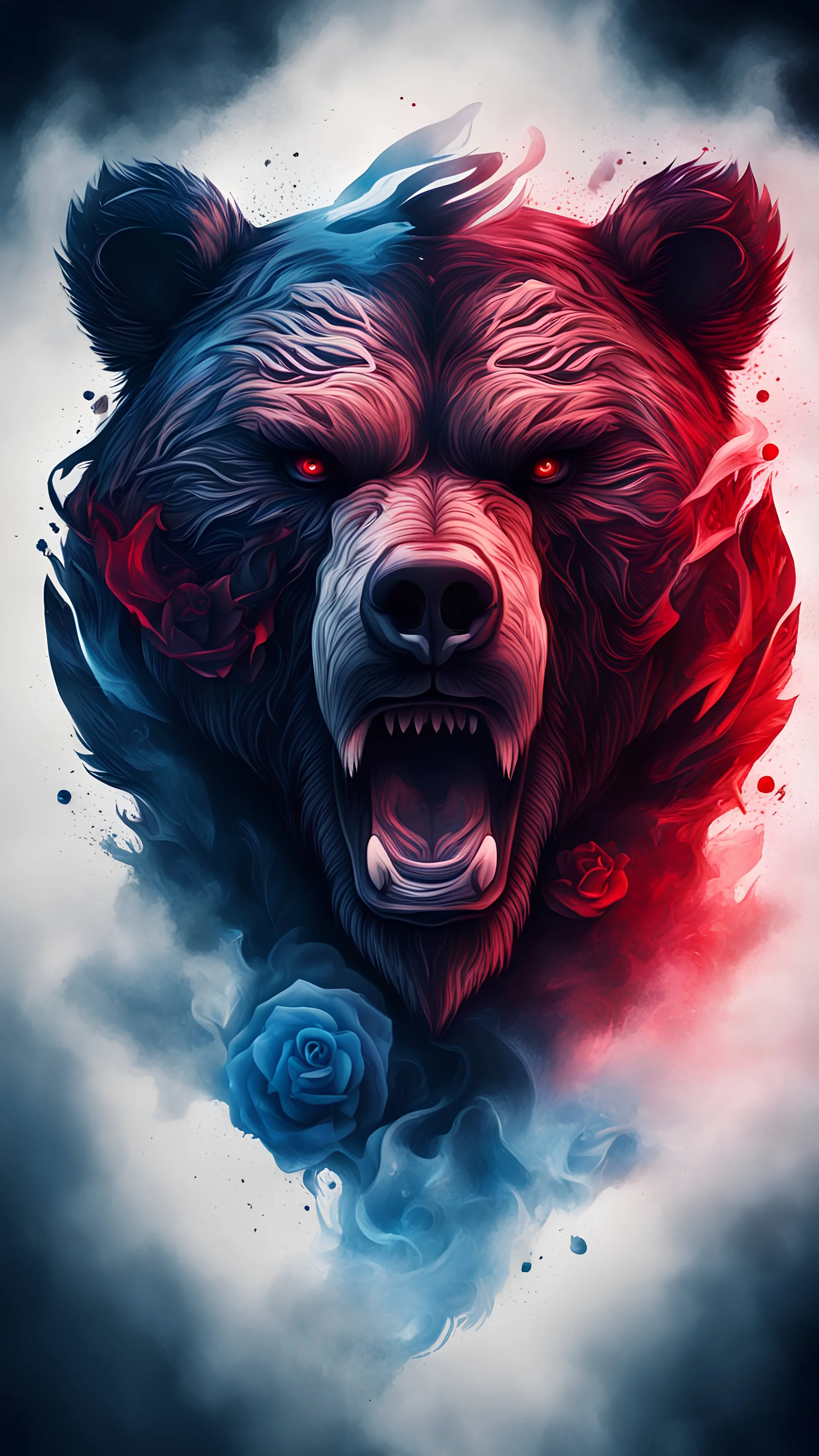 2D image of abstract angry bear head symbol tattoo with rose element,blue and red tone light,motions fog smoke on dark cinematic background