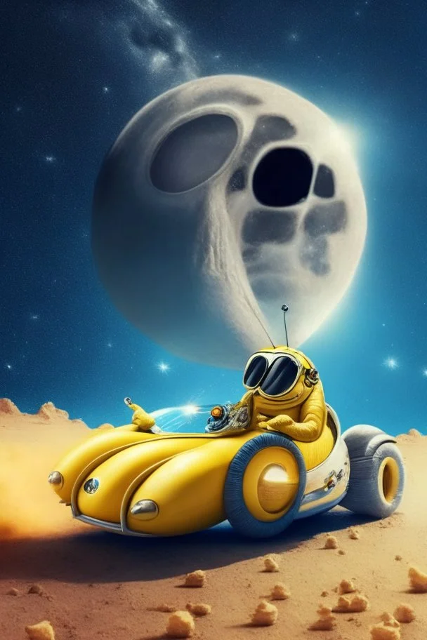 a banana driving a bugatti on the moon while wearing sunglasses