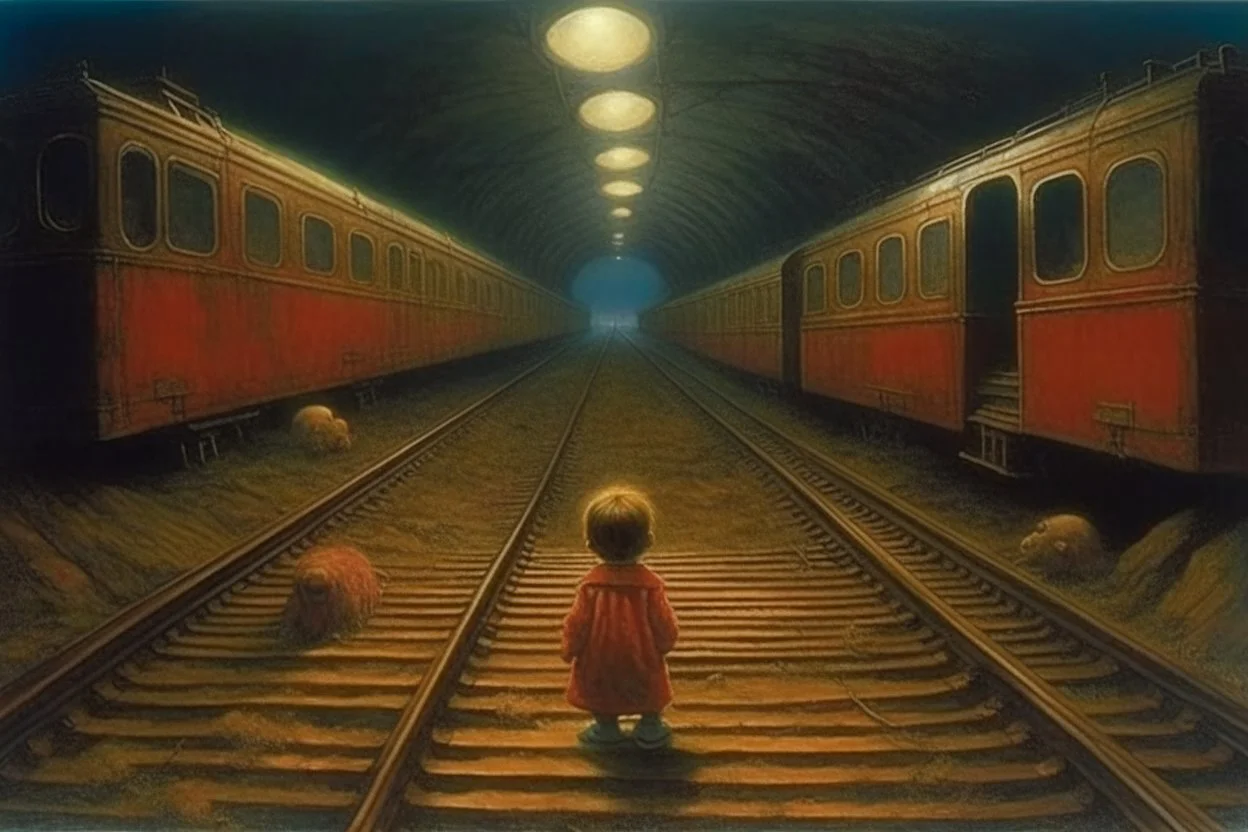 in a tunnel little girl is holding a teddy bear next to train tracks Zdzisław Beksiński