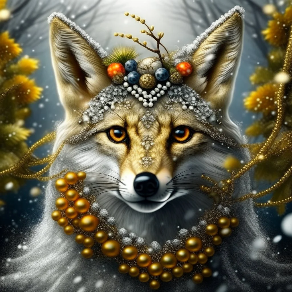 Masterpiece 3D render digital art photostudio quality Just a sprinkle of magic dust, a sprig of berries over a beautiful fox with a bushy tail, backdrop forest winter landscape, insanely beautiful face , silver and gold snow swirl in background, pearls and beads and gold lines