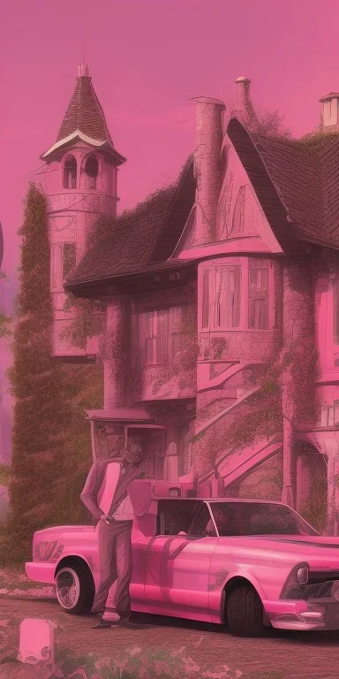 Snoop dogg. a chair. pink houses, pink sky, pink smoke, trees, outdoors.