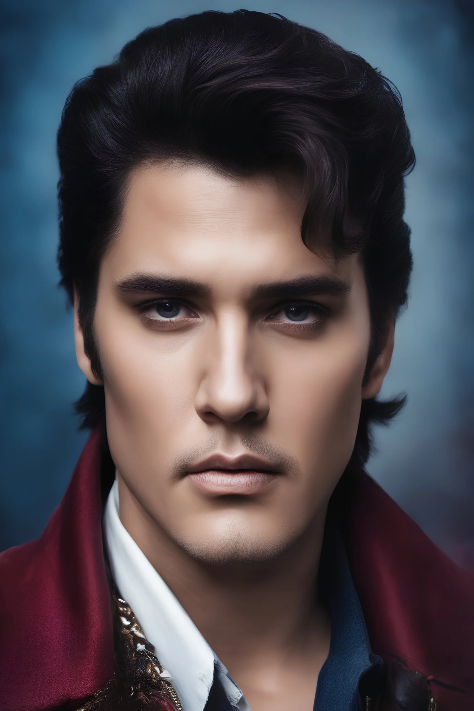 facial portrait - Elvis Depp - 32k, UHD, 1080p, 8 x 10, glossy professional quality digital photograph - dark blue and dark red, and light maroon and purple and foggy black gradated background, historic, powerful, octane rendering, exquisite detail, 30 - megapixel, 4k, 85 - mm - lens, sharp - focus, intricately - detailed, long exposure time, f8, ISO 100, shutter - speed 1125, diffuse - back - lighting, ((skin details, high detailed skin texture)), (((perfect face))),