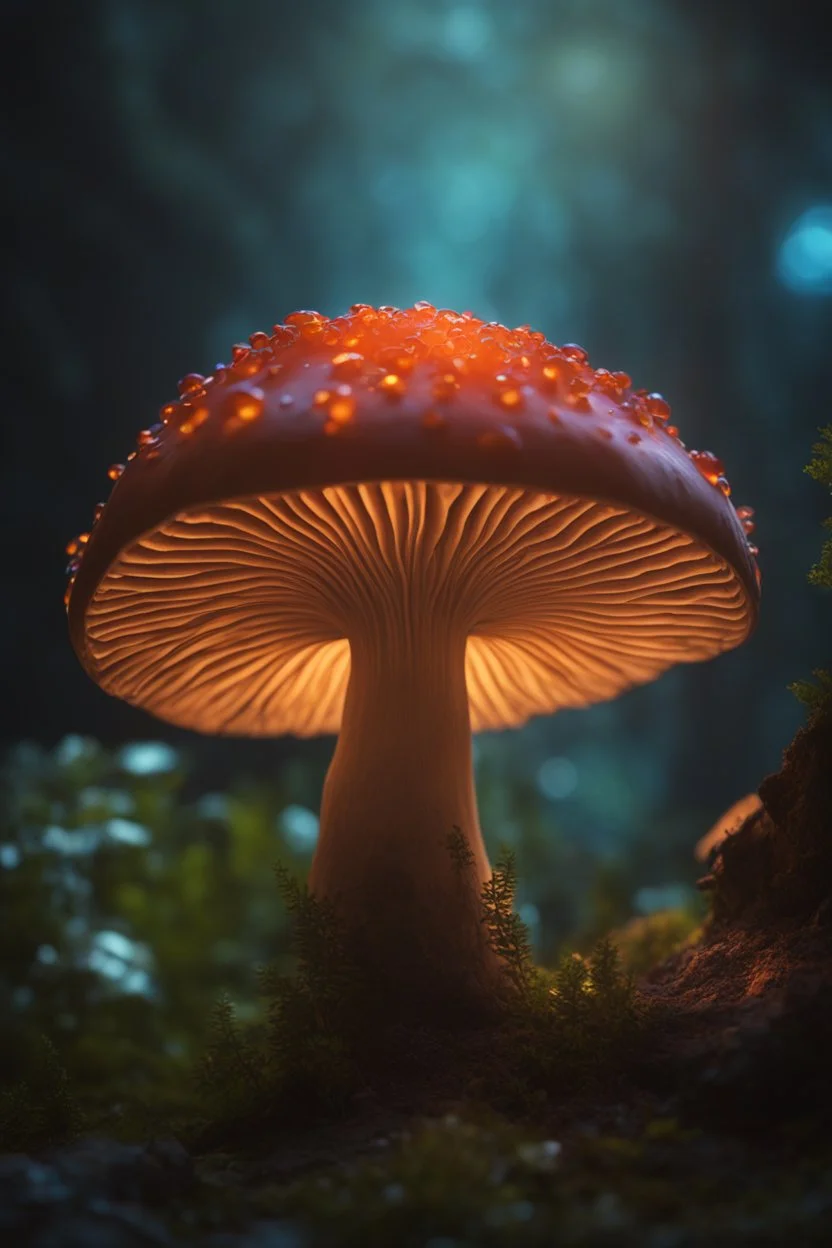 luminous backlit glowing cave mushroom, drops, blue neon lights inside the mushroom, faded, Cinematic lighting, Volumetric lighting, Epic composition, Photorealism, Bokeh blur, Very high detail, Sony Alpha α7, ISO1900, Character design, Unreal Engine, Octane render, HDR, Subsurface scattering