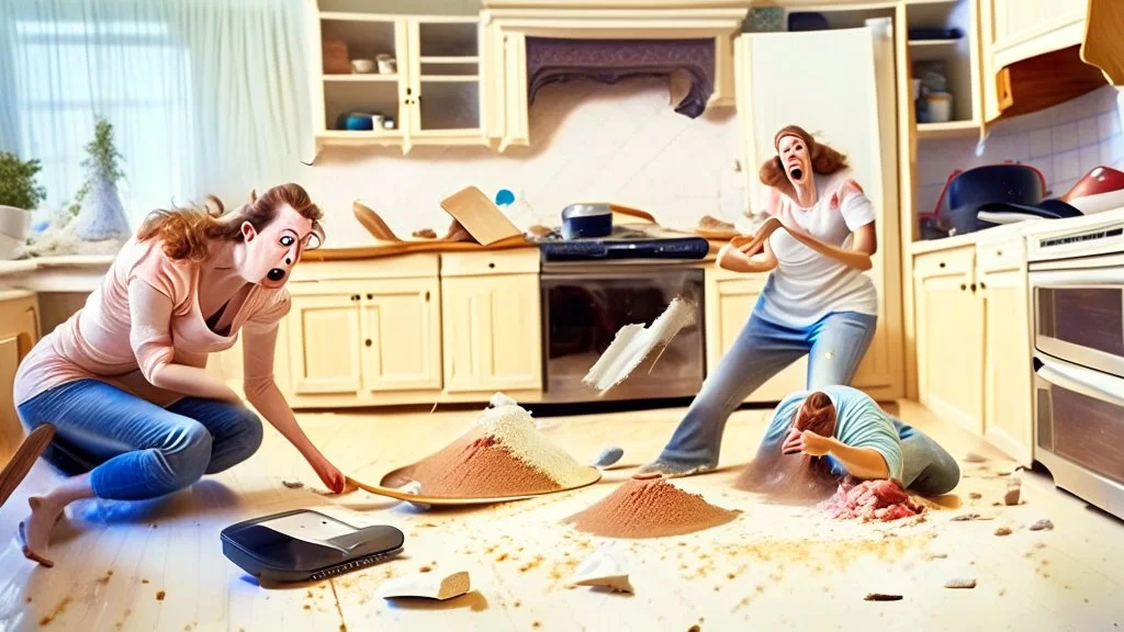 woman on the phone while husband pours baking flour all over the the floors and throw rug looking for make believe invisible tabletops