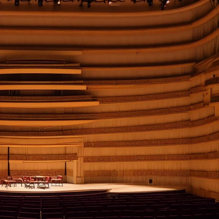 a single chair on stage under spotlight at an empty symphony hall