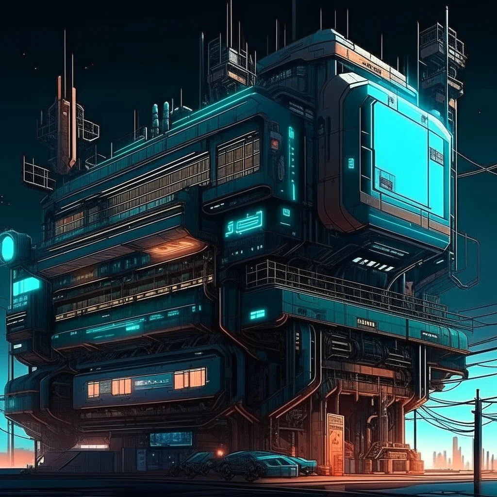 cyberpunk retro futuristic construction sight with crains for comics