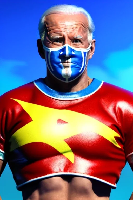 realistic image of joe biden as a mexican wrestling fighter posing, Mexican eyes wrestling mask, red and blue breeches, retro style, 80s, vibrant color, highly detailed, sky background, concept art, unreal engine 5, god rays, ray tracing, RTX, lumen lighting, ultra detail, volumetric lighting, 3d, finely drawn, high definition, high resolution.