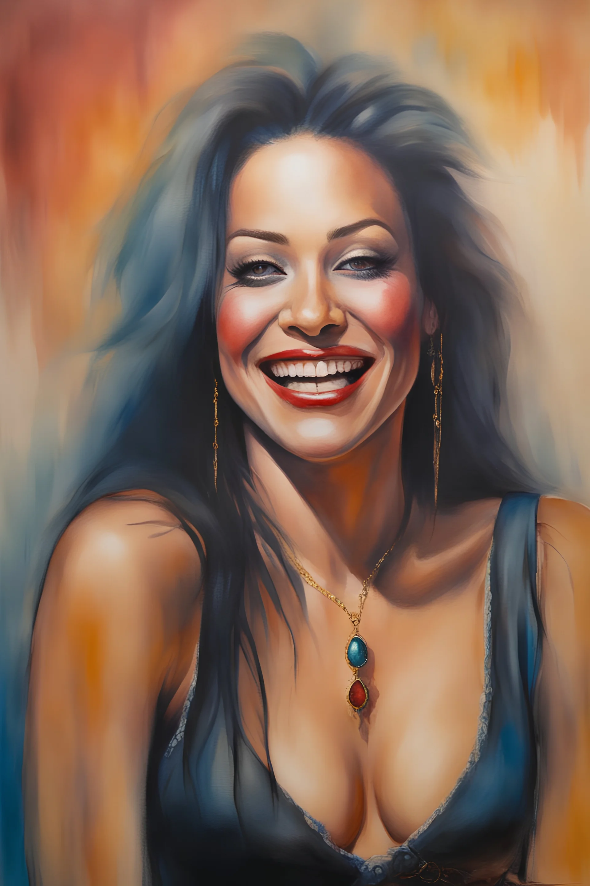 head and shoulders portrait, Miss Motley Crue - well-shaped, perfect figure, perfect face, laughing, a multicolored, watercolor stained, wall in the background, oil painting in the art style of Frank Frazetta, 4k, 8k, 32k UHD, Hyper realistic, extremely colorful, vibrant, photorealistic, realistic, sharp, highly detailed, professional quality, beautiful, awesome, majestic, superb, trending on artstation, pleasing, lovely, Cinematic, gorgeous, Real, Life like, Highly detailed,