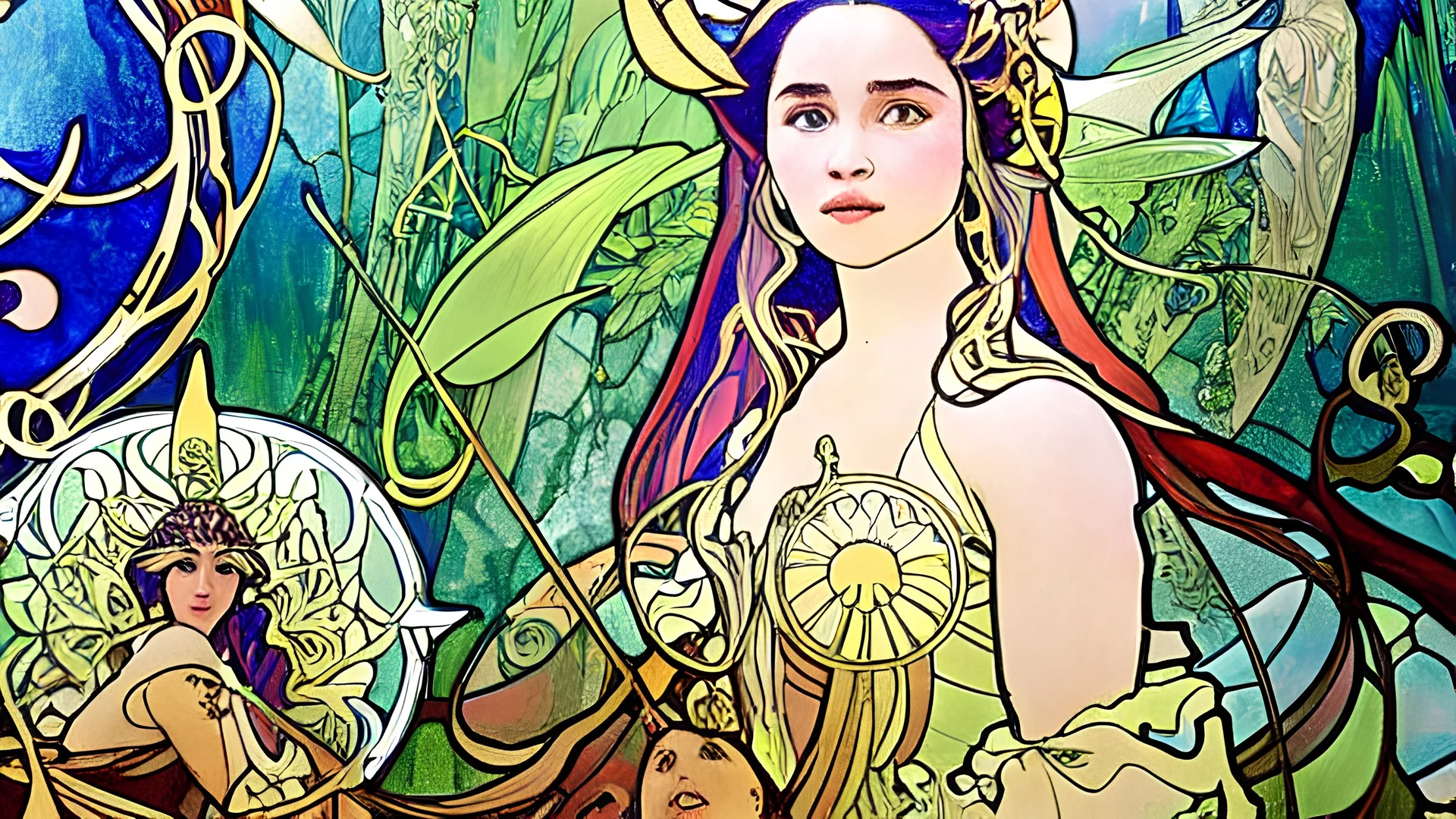 art by Alfons Mucha, stained glass motif, whole body image of beautiful Emilia Clark as Daenerys Targaryen in a mystical enchanted forest standing next to a dragon, HD 4K, sharp detail, photo-realistic accurate face and features, cinematic lighting, award winning imagery