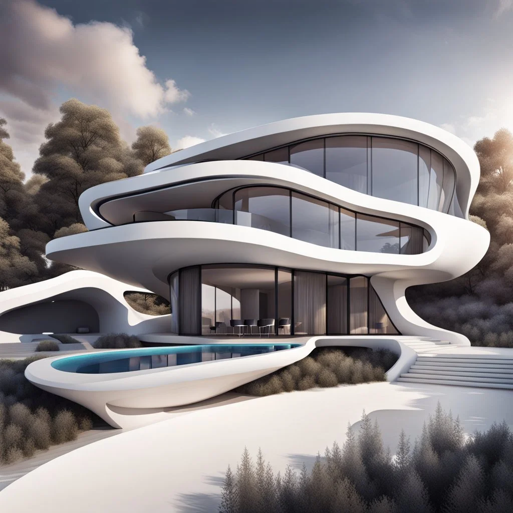 Dibujo de una casa campestre estilo Zaha Hadid, arte grafiti, ciencia ficción, calidad ultra, 8k