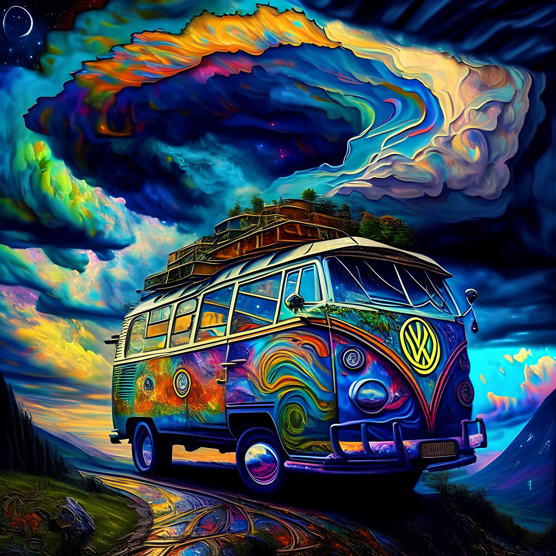 Volkswagen hippie bus on hill in the heavens, as storms rage around it. Melding colors in the sky. Van Gogh collaboration with Josephine Wall, highly detailed, sharp focus.