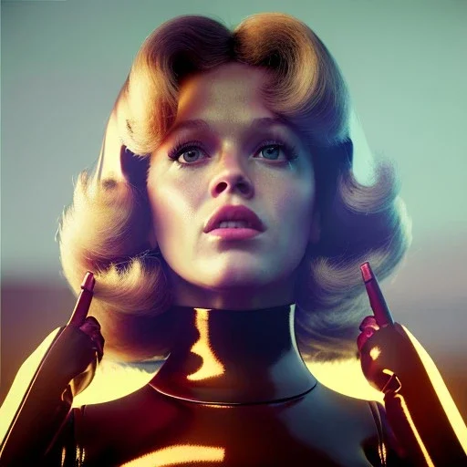 Ultra Realistic retro sci-fi portrait supermarket image from 1960, many explosions, sweet young Jane Fonda, tight latex suit, weapon, fighting stance, soft color, highly detailed, unreal engine 5, ray tracing, RTX, lumen lighting, ultra detail, volumetric lighting, 3d, finely drawn, high definition, high resolution.