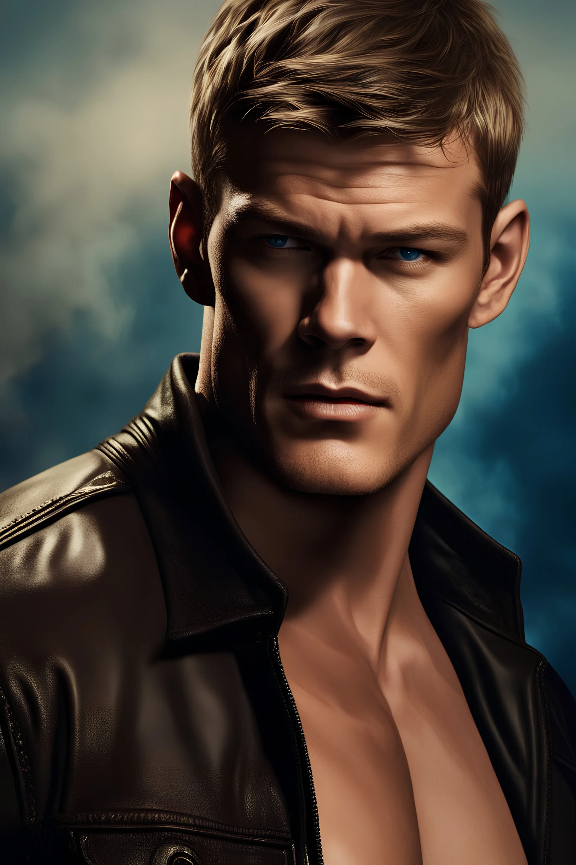 3D Portrait of Alan Ritchson as Jack Reacher, perfect body, perfect face, perfect eyes, dark hair, glamorous, gorgeous, delicate, romantic, realistic, romanticism, blue tones, Boris Vallejo - daylight Background - blue skies, sunlight - dark, wood panel wall in the background - fire, fog, mist, smoke