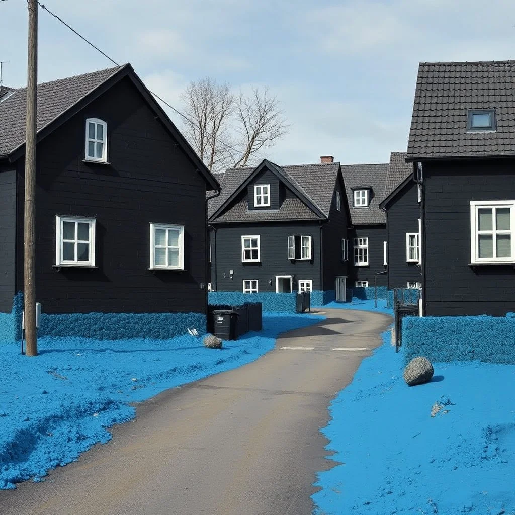 Fotografia di strada assurda e falsa a Magog blu weirdcore dai colori vivaci. Sfasato. Non luogo falso, inusuale. Max Ernst. Le case sono false e dipinte di nero chiaro con cose stilizzate e dettagli. Ci sono finestrelle false quadrate, che danno un senso distopico e molto surreale, disposte in modo casuale. L'atmosfera generale sembra noiosa e onirica, con un contrasto tra elementi reali ed elementi dipinti falsi, René Magritte
