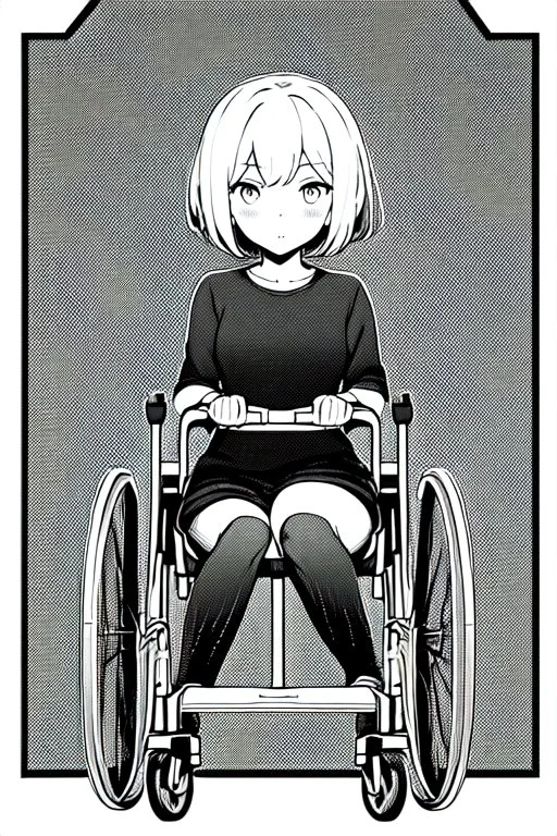 short hair girl passed out in a wheelchair, greyscale