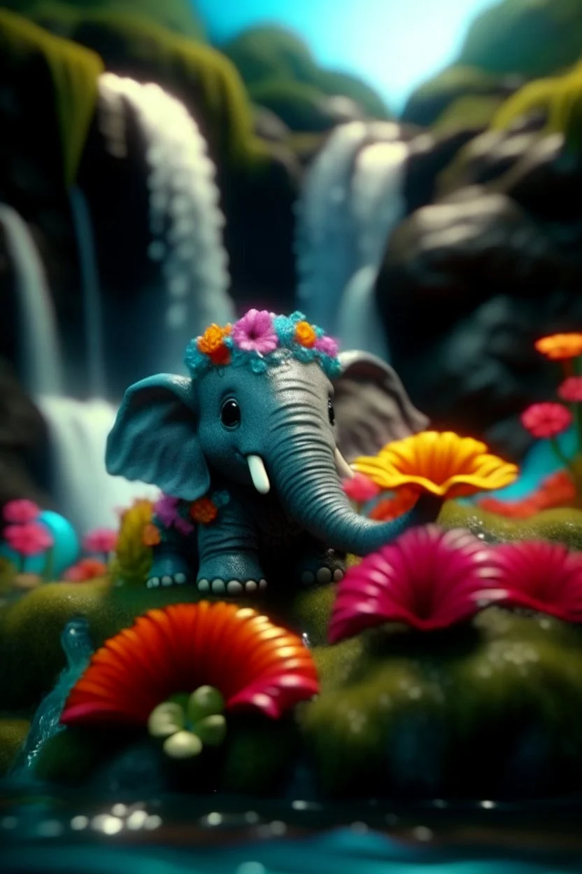 portrait of cute fluffy camo toy elephant jewelry in a water slide holding weird flowers in his trunk in the style of pixar, on a strange planet with weird colors and waterfalls, bokeh like f/0.8, tilt-shift lens 8k, high detail, smooth render, down-light, unreal engine, prize winning