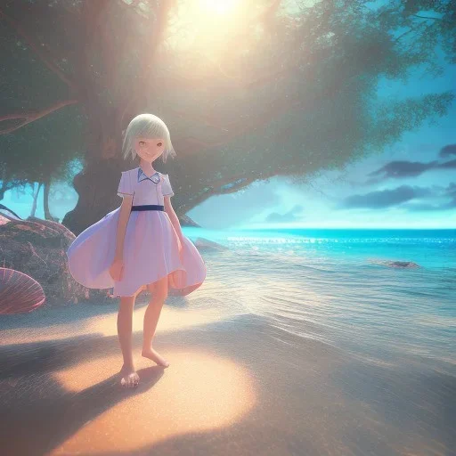 Little girl day, sunny, relaxing, sea, trees, real details anime style, realistic, glowing beach, 8k, octane render