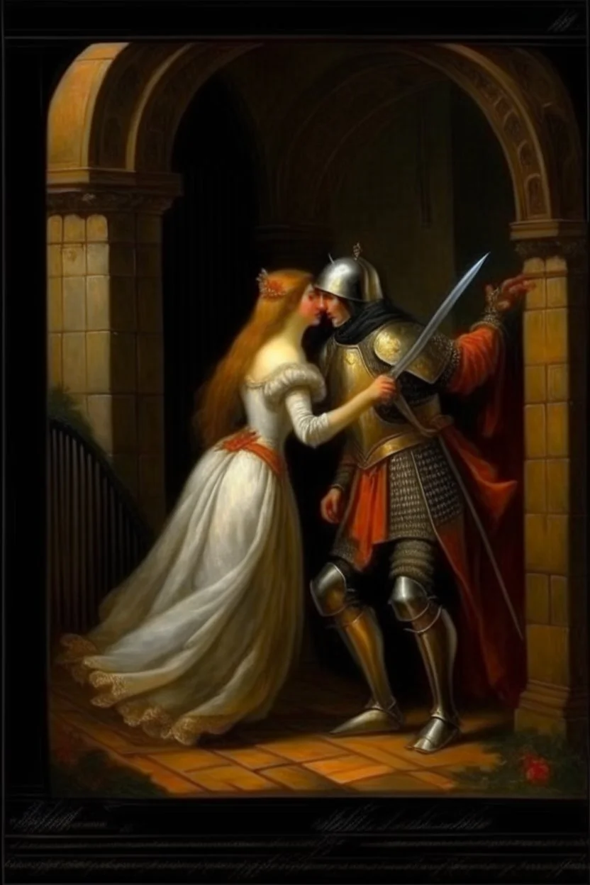 Historical oil painting expressing love The eternal between a princess and a knight