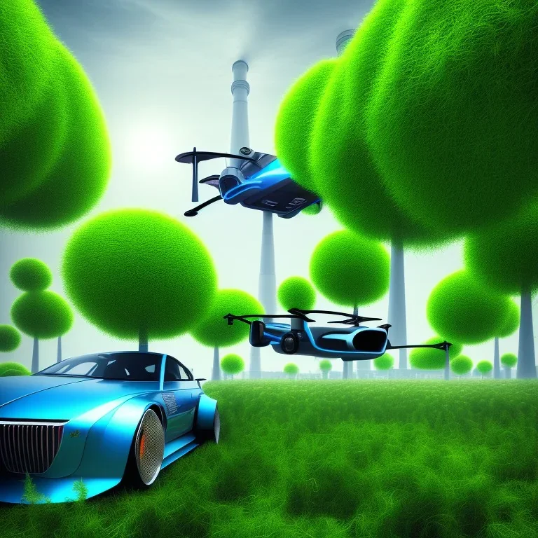 energy, power plant, technology, future, flying cars, green trees, blue sky, people