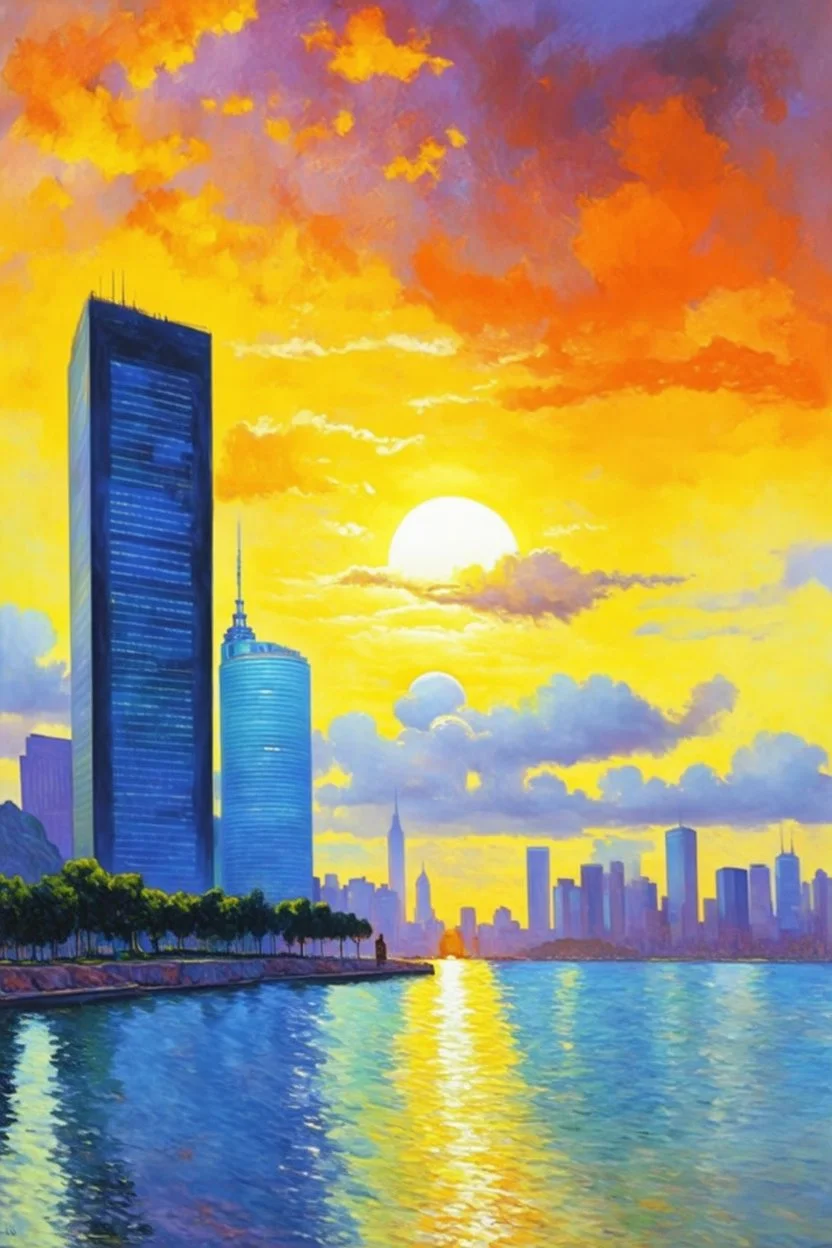 Amazing sunset, buildings, rocks, distant city, trees, cyberpunk, sci-fi, claude monet impressionism paintings